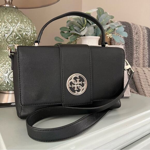 Guess Lani Vegan Black Two Handle Flap Satchel Crossbody Purse Bag - Picture 1 of 16